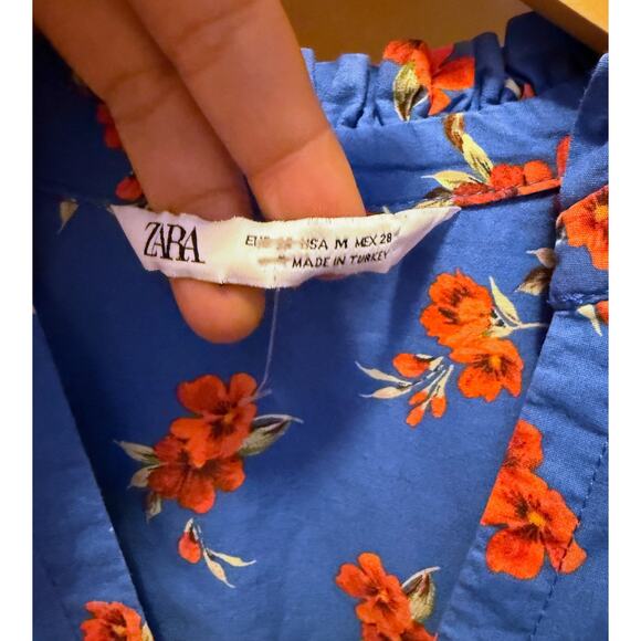 ZARA Emma Mini Tunic Dress Floral V-Neck 3/4 Sleeves Ruffled Neck Cotton Medium - Picture 6 of 10